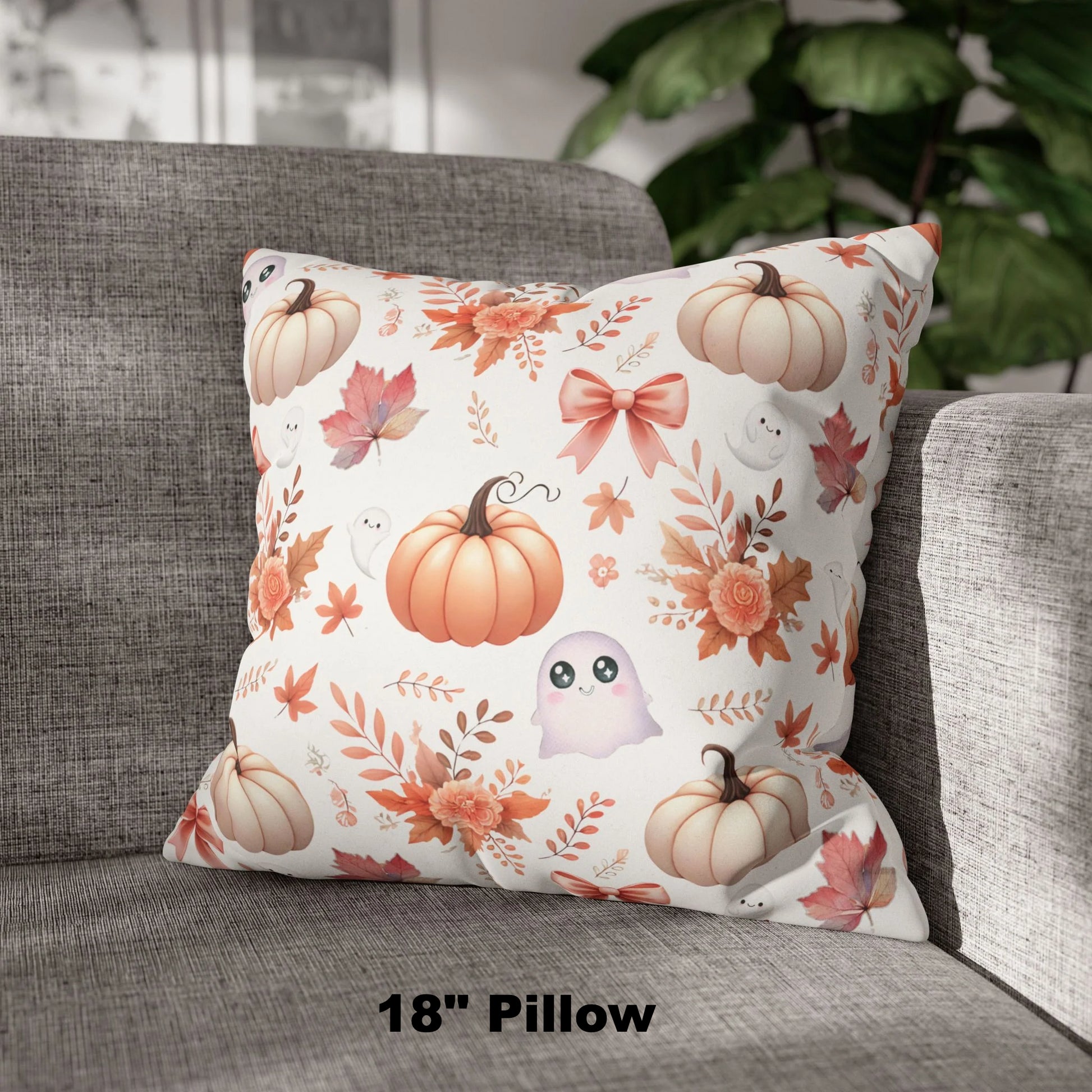 18" Coquette Pumpkin & Ghost Floral Pattern Faux Suede Square Pillow