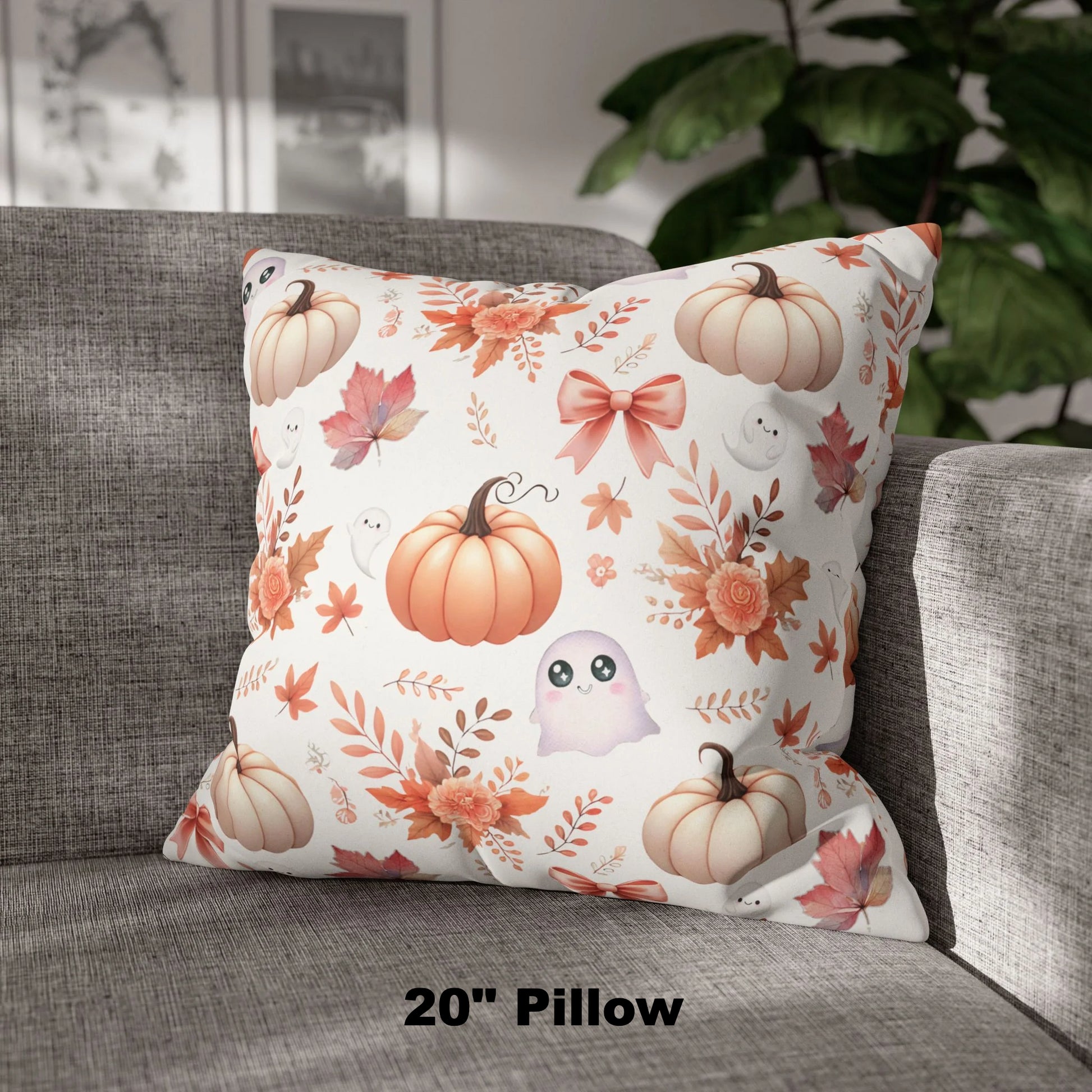 20" Coquette Pumpkin & Ghost Floral Pattern Faux Suede Square Pillow