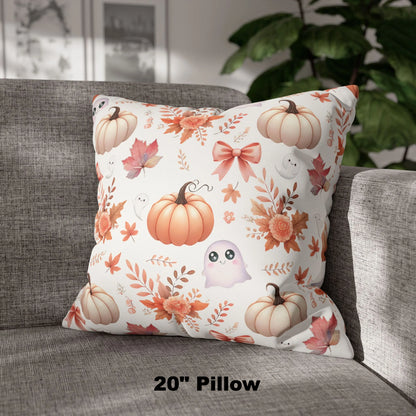 20" Coquette Pumpkin & Ghost Floral Pattern Faux Suede Square Pillow