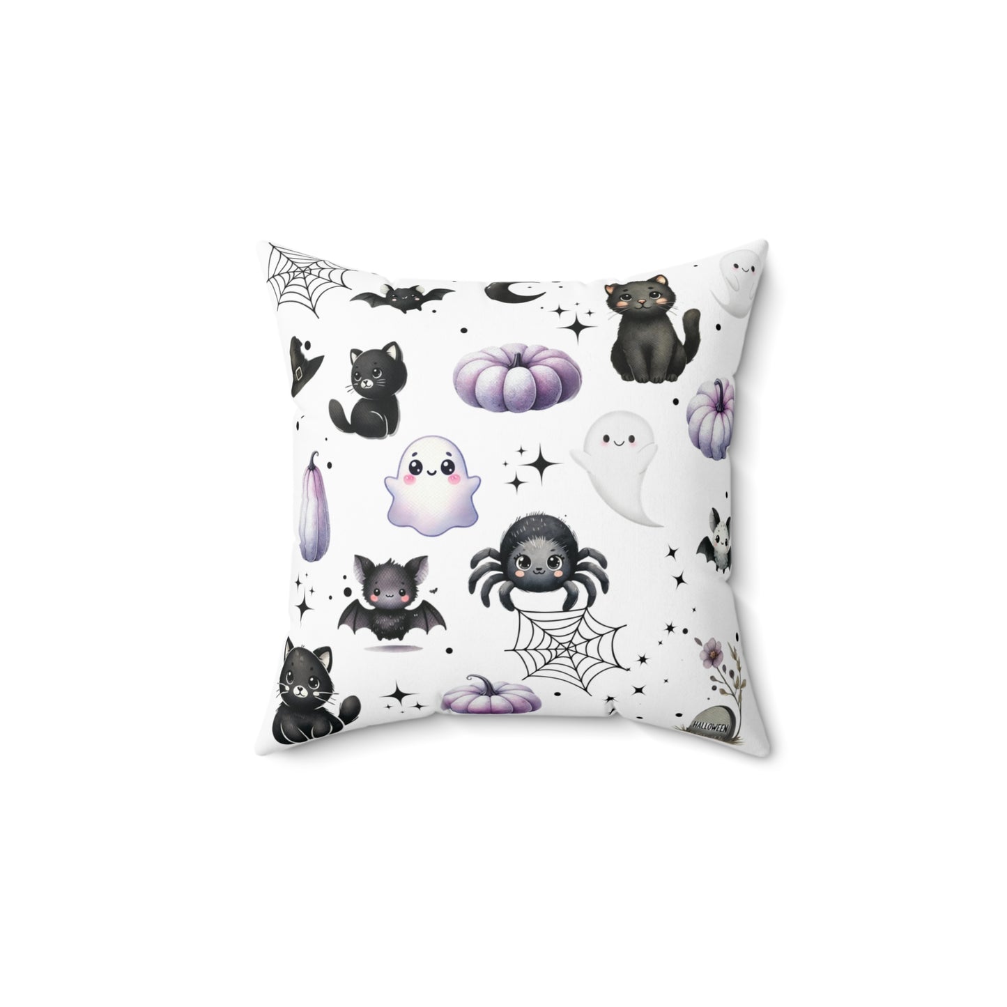 Black Halloween Pattern Faux Suede Square Pillow with black Kawaii Cats, Spider, Ghosts, Bats & Purple Pumpkins