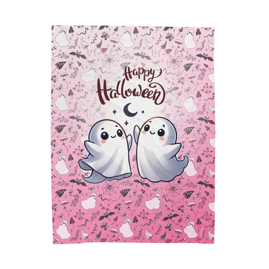 Dancing Cute Ghosts Pink Happy Halloween Cozy Velveteen Plush Blanket