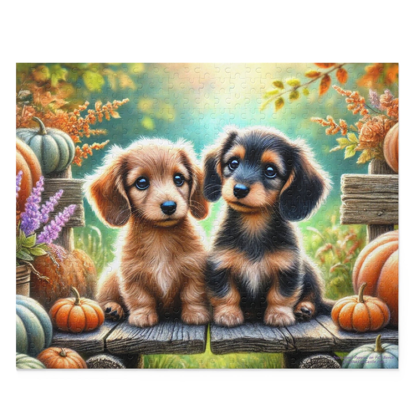 Dachshund Puppy Wiener Dogs on Fall Bench Halloween Puzzle (120, 252, 500-Pieces)