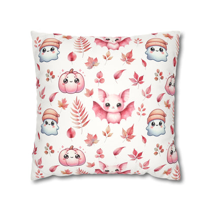 Pink Halloween Pattern Faux Suede Square Pillow with cute Kawaii Ghosts, Bats & Pumpkins