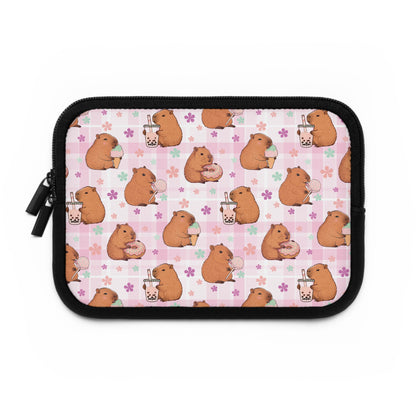 Cute Sweets Loving Capybara Plaid Pattern Laptop or Tablet Sleeve