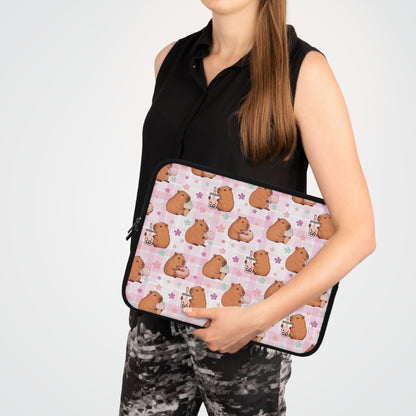 Cute Sweets Loving Capybara Plaid Pattern Laptop or Tablet Sleeve