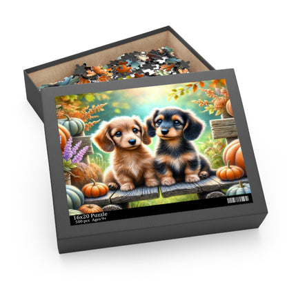 Dachshund Puppy Wiener Dogs on Fall Bench Halloween Puzzle (120, 252, 500-Pieces)