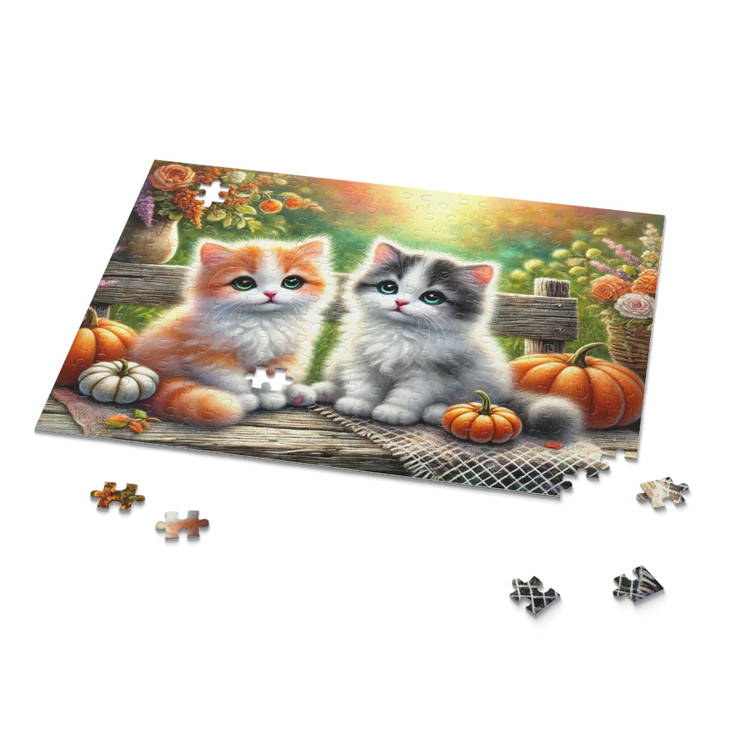 Cute Kittens on Fall Bench Halloween Autumn Puzzle (120, 252, 500-Pieces)