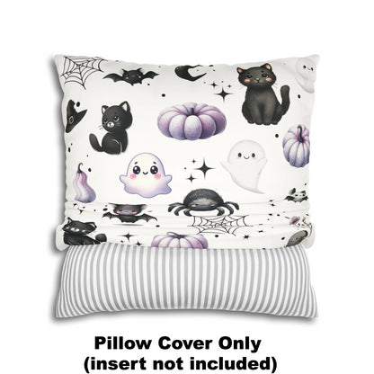 Black Halloween Pattern Faux Suede Square Pillow with black Kawaii Cats, Spider, Ghosts, Bats & Purple Pumpkins