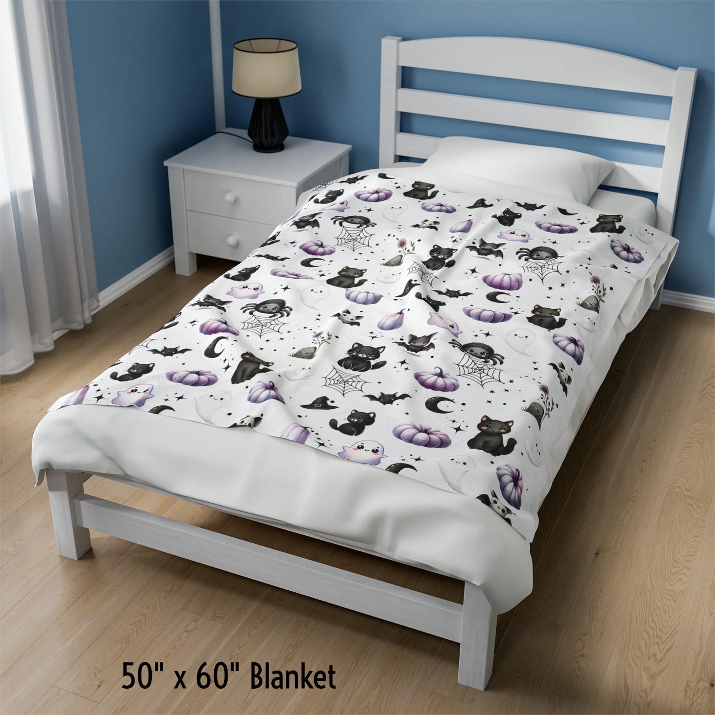 Cute Halloween Black Cats, Ghosts, Bats and Spider Kawaii Pattern Cozy Velveteen Plush Blanket