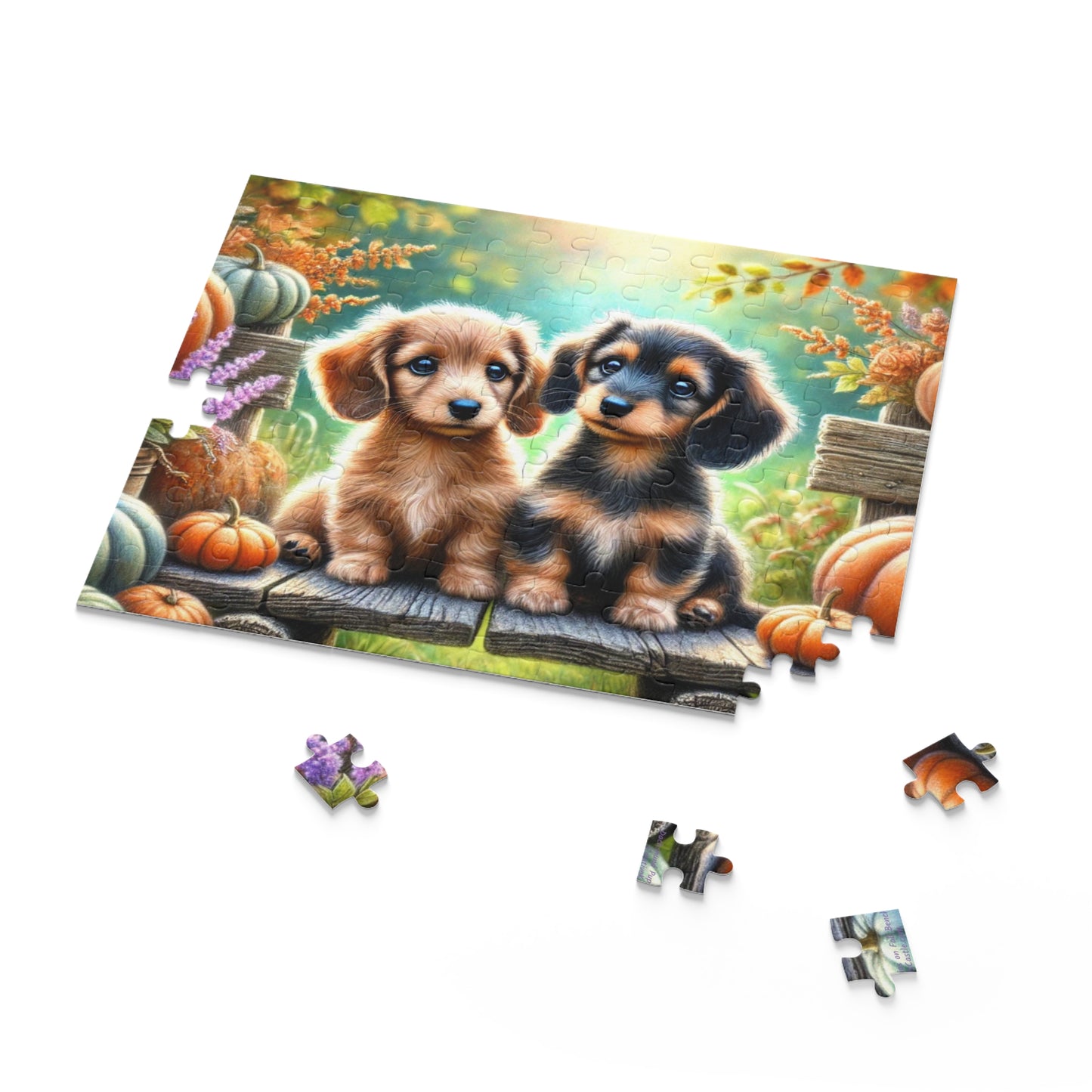 Dachshund Puppy Wiener Dogs on Fall Bench Halloween Puzzle (120, 252, 500-Pieces)