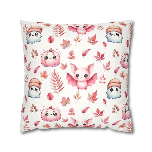 Pink Halloween Pattern Faux Suede Square Pillow with cute Kawaii Ghosts, Bats & Pumpkins