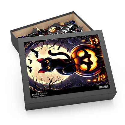 Cute Black Cat Perched on a Carved Pumpkin Halloween Jigsaw Puzzle