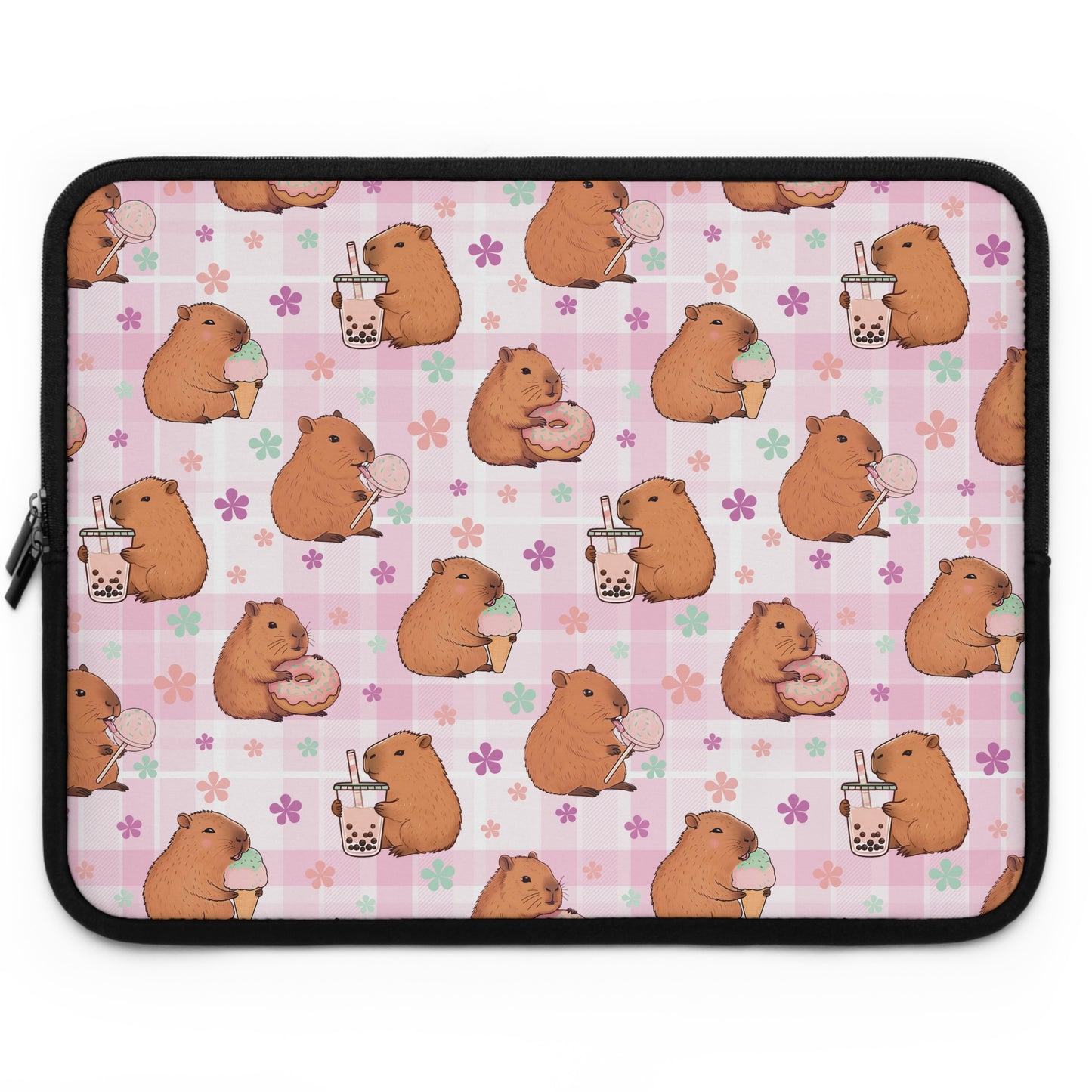 Cute Sweets Loving Capybara Plaid Pattern Laptop or Tablet Sleeve