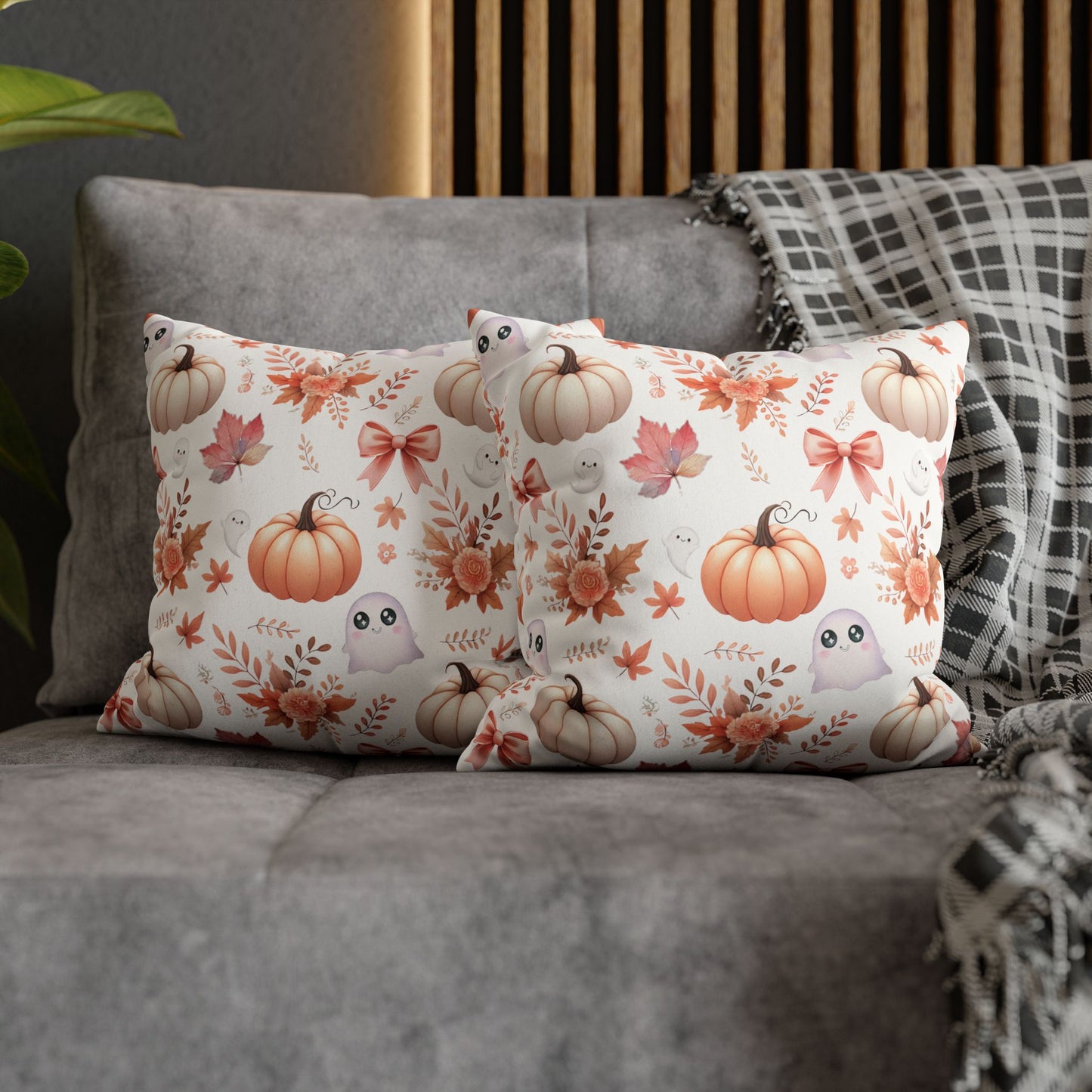 Coquette Pumpkin & Ghost Floral Pattern Faux Suede Square Pillow Cover