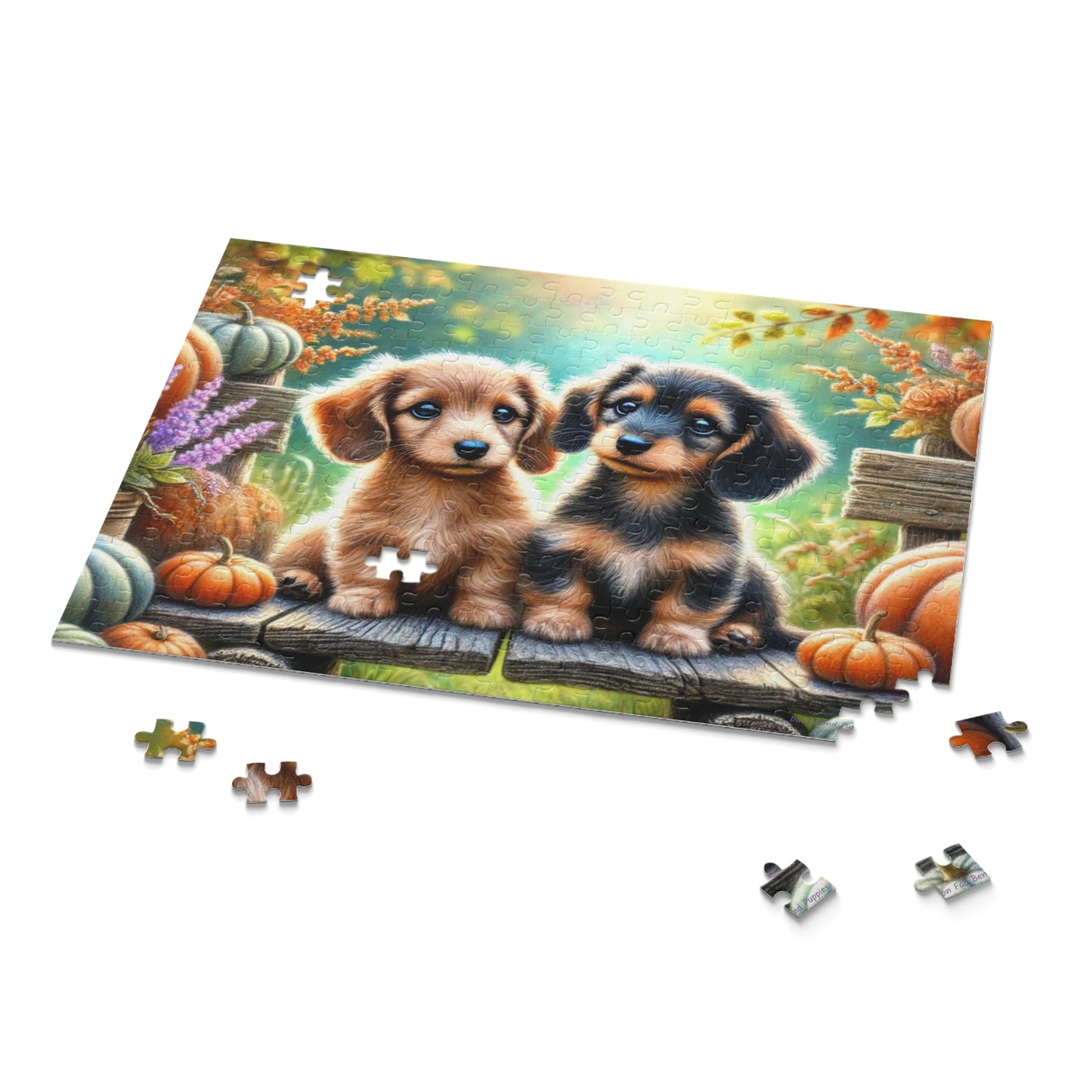 Dachshund Puppy Wiener Dogs on Fall Bench Halloween Puzzle (120, 252, 500-Pieces)