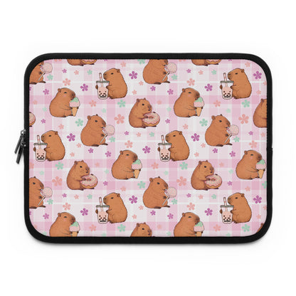 Cute Sweets Loving Capybara Plaid Pattern Laptop or Tablet Sleeve