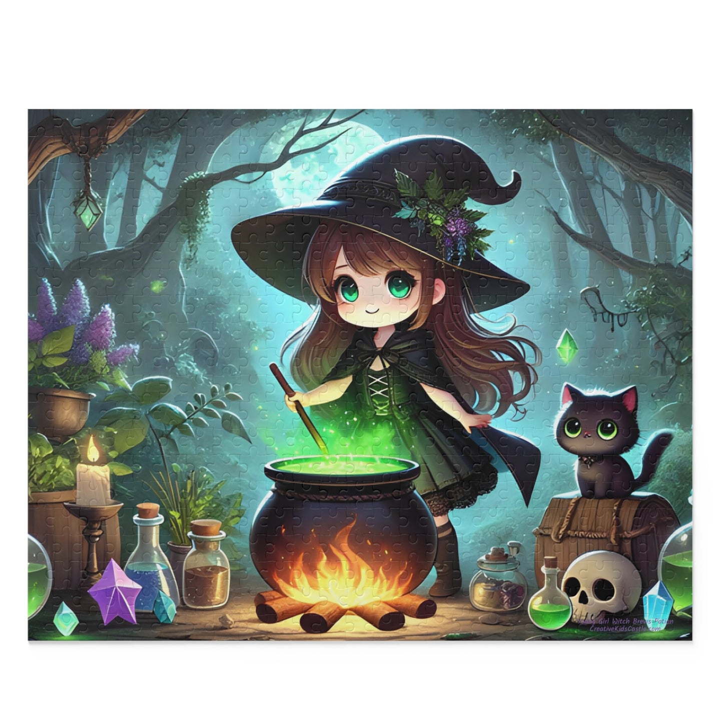 Young Kawaii Girl Witch Brews Potion Halloween Jigsaw Puzzle (120, 252, 500-Pieces)