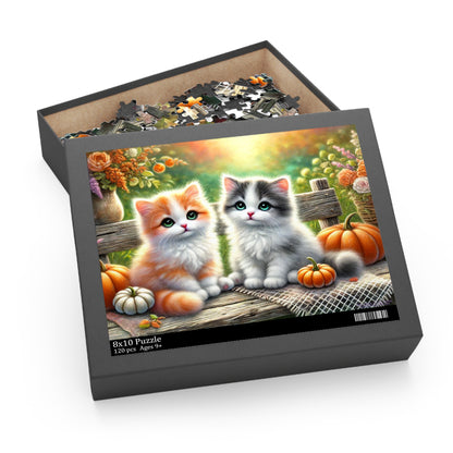 Cute Kittens on Fall Bench Halloween Autumn Puzzle (120, 252, 500-Pieces)