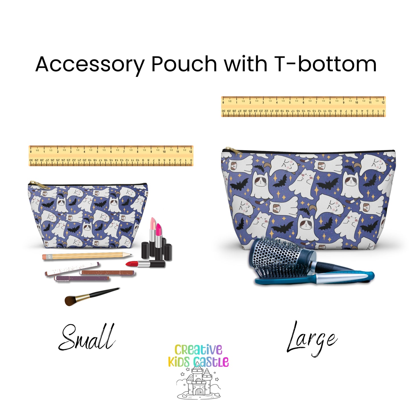 Blue Accessory Pouch with Cute Ghostly Kittens and Bats