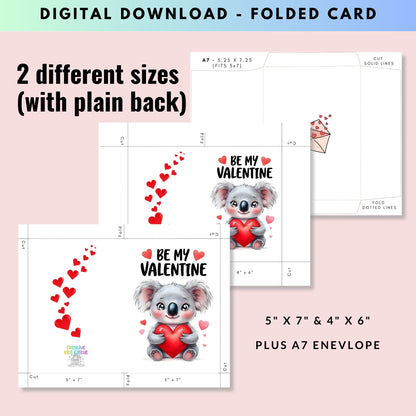 Cute Koala - Folded Valentine's Day Card - Digital Download - Print at Home