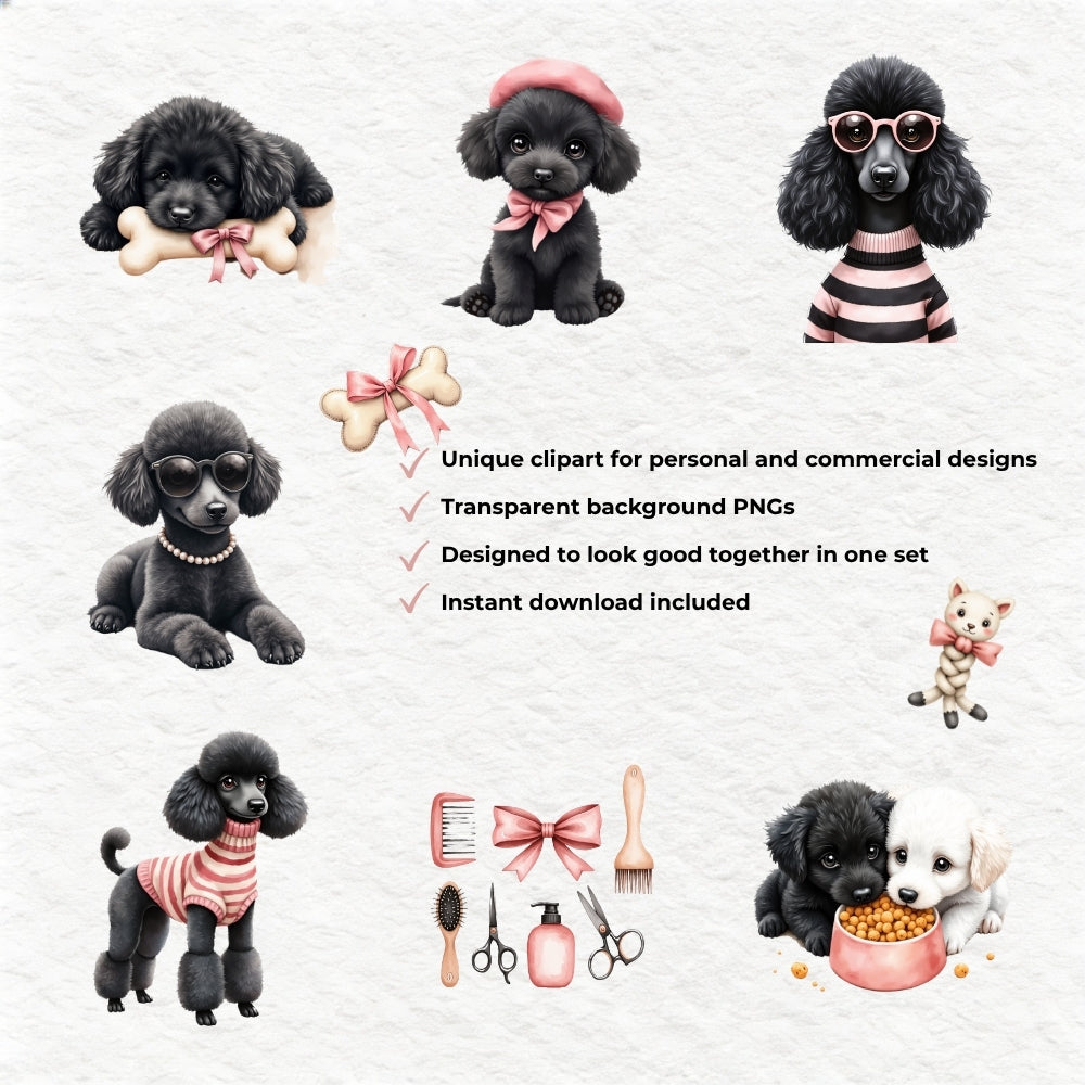 Black Fashion Poodle Clipart PNG Bundle