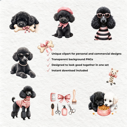 Black Fashion Poodle Clipart PNG Bundle