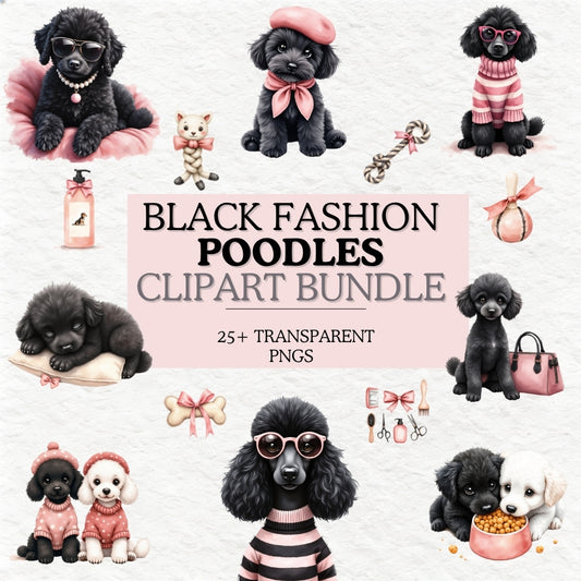 Black Fashion Poodle Clipart PNG Bundle