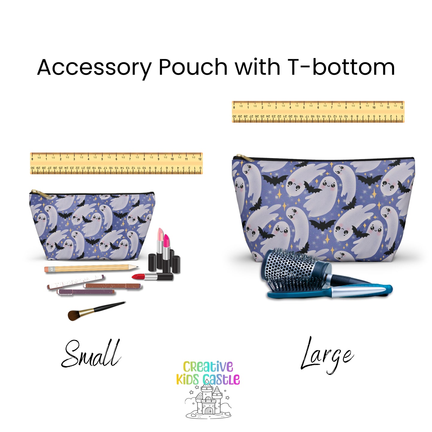 Blue Accessory Pouch with Cute Twirling Ghosts and Bats