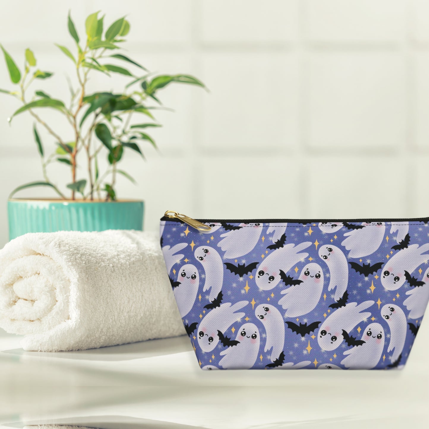 Blue Accessory Pouch with Cute Twirling Ghosts and Bats