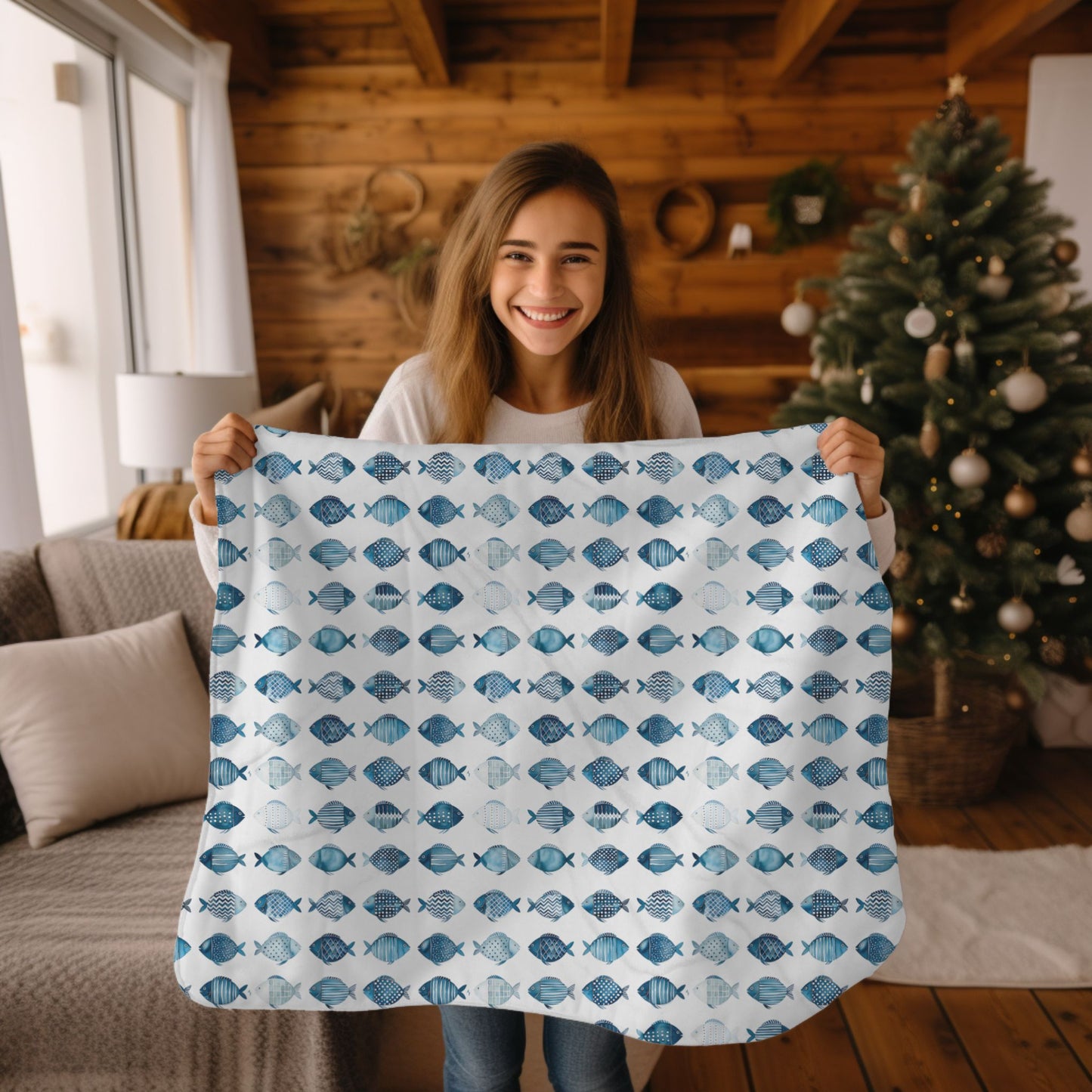 Blue School of Fish Cozy Plush Picnic Blanket