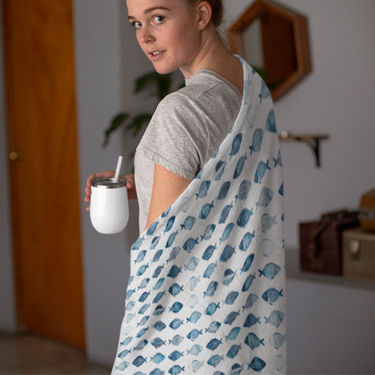 Blue School of Fish Cozy Plush Picnic Blanket