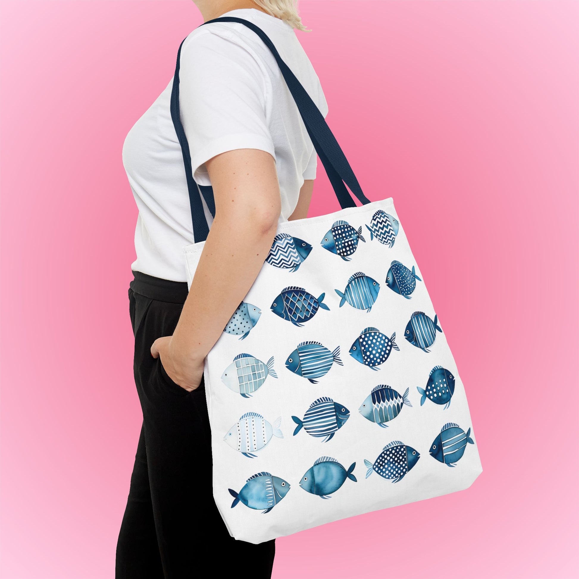 Blue School of Fish Nautical Tote Bag large over woman's shoulder