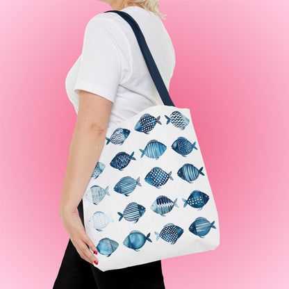 Blue School of Fish Nautical Tote Bag medium over woman's shoulder