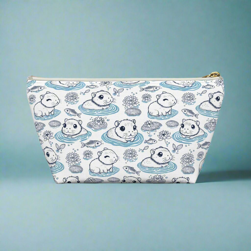 Capybaras in a Lily Pond Accessory Pouch small on blue background