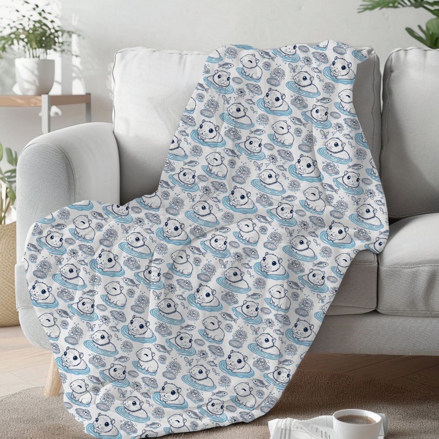 Capybaras in a Lily Pond Cozy Velveteen Plush Blanket