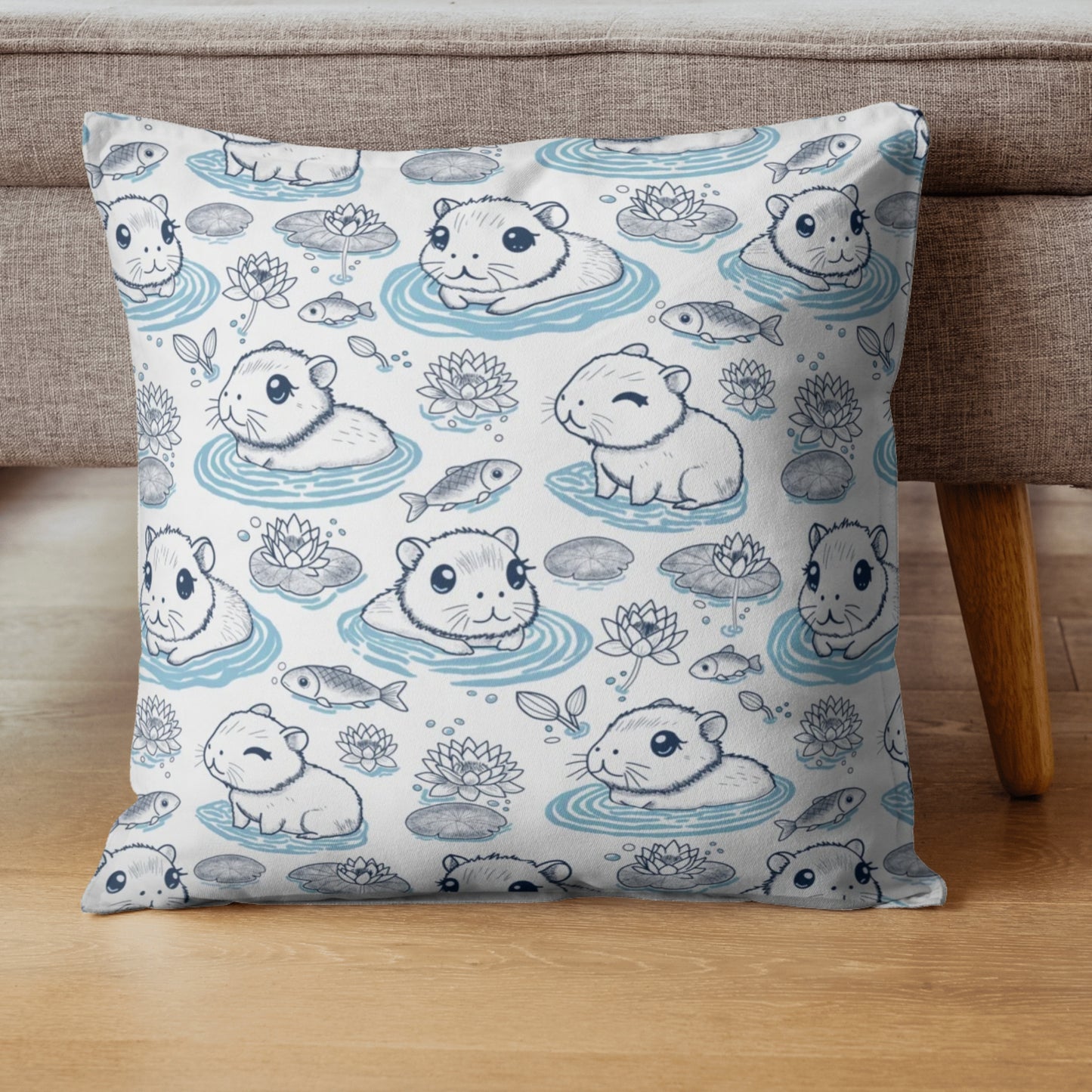 Capybaras in a Lily Pond Faux Suede Square Pillow Cover