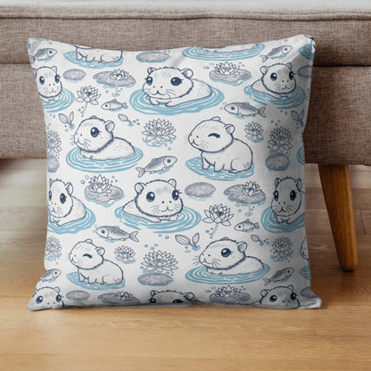 Capybaras in a Lily Pond Faux Suede Square Pillow Cover