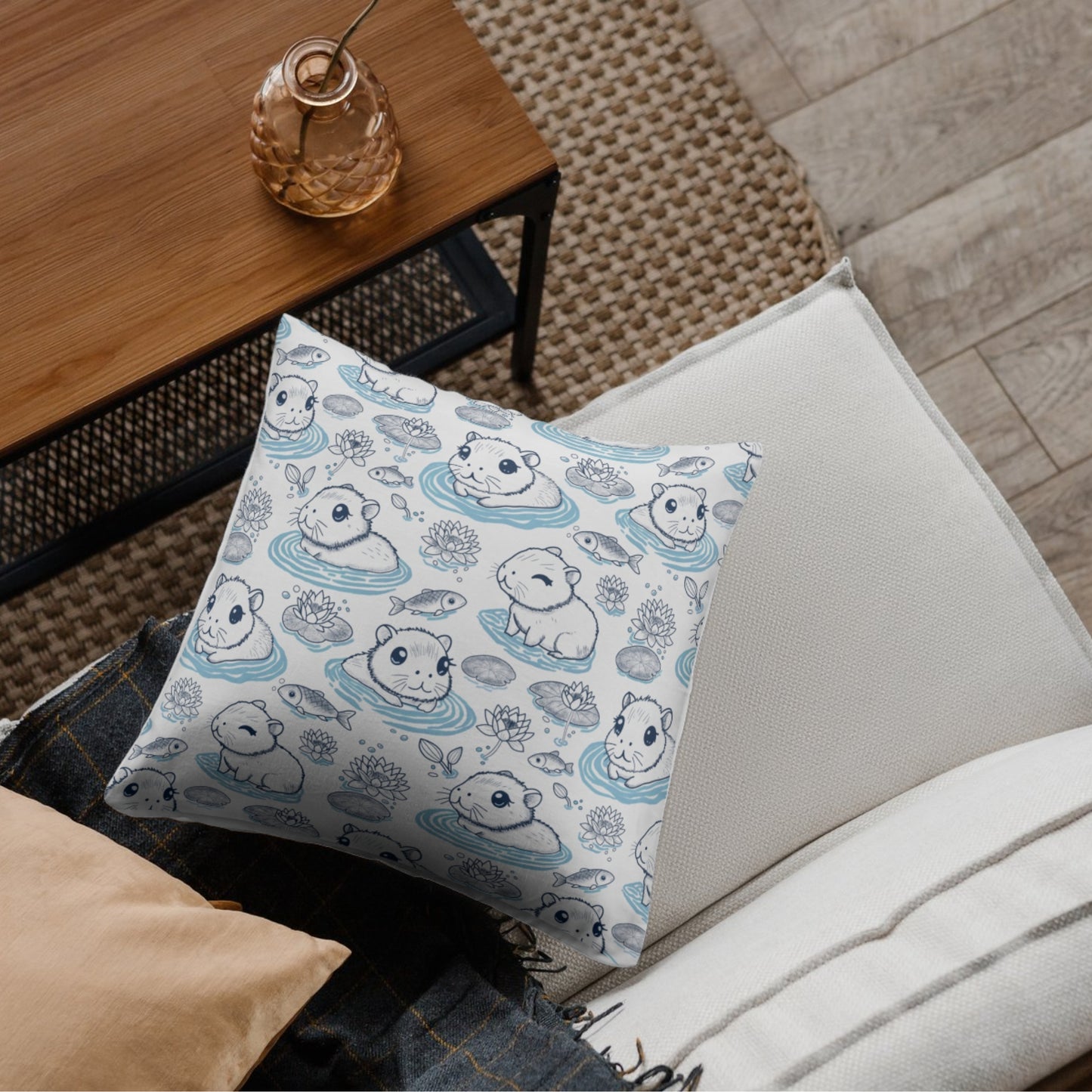Capybaras in a Lily Pond Faux Suede Square Pillow Cover
