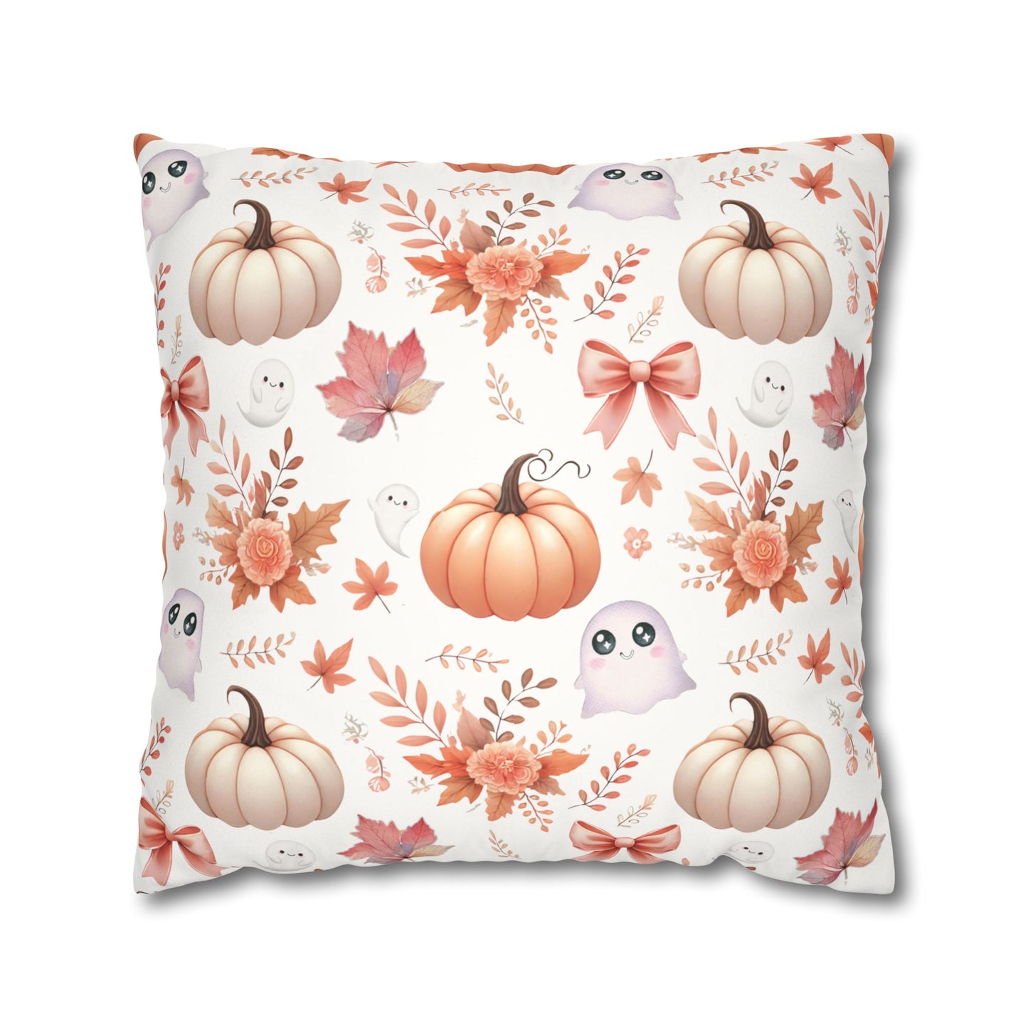 Coquette Pumpkin & Ghost Floral Pattern Faux Suede Square Pillow