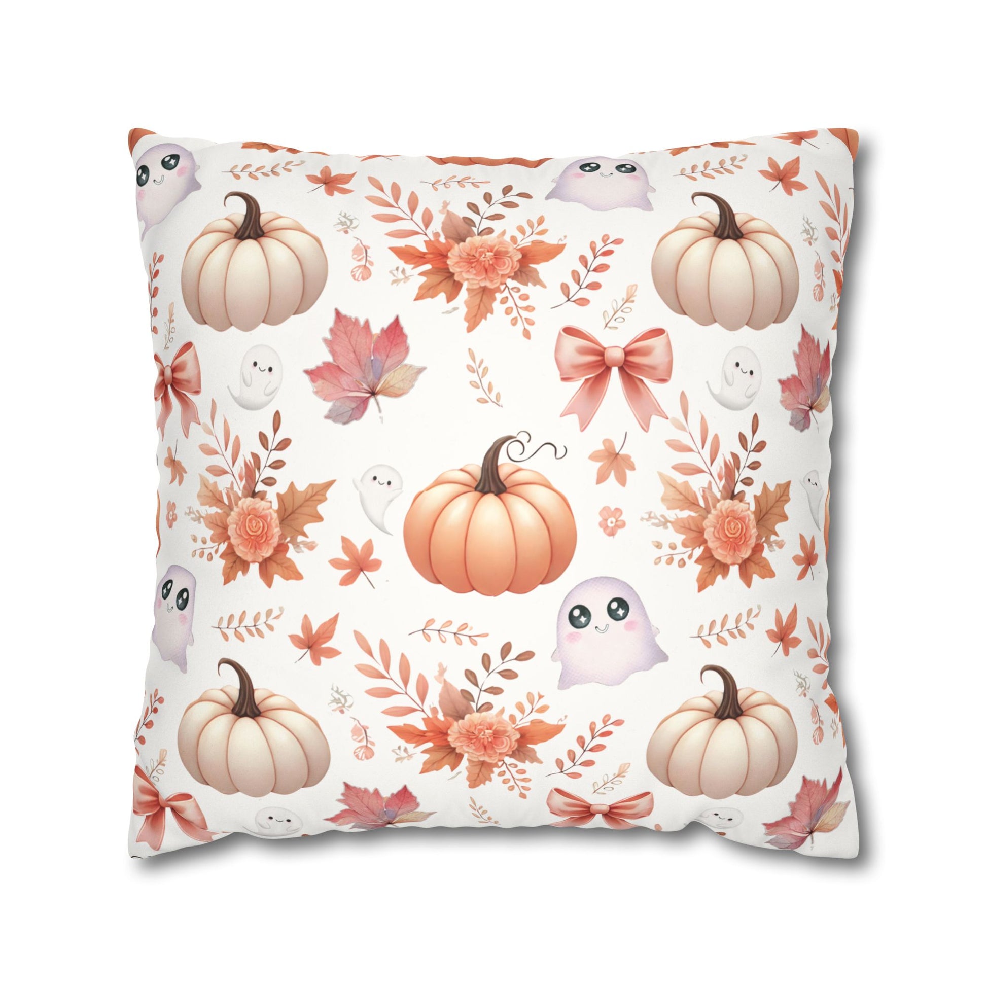 Coquette Pumpkin & Ghost Floral Pattern Faux Suede Square Pillow