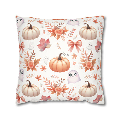Coquette Pumpkin & Ghost Floral Pattern Faux Suede Square Pillow