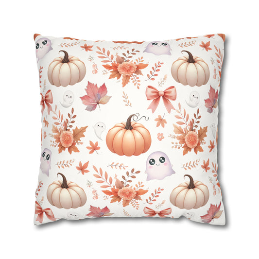 Coquette Pumpkin & Ghost Floral Pattern Faux Suede Square Pillow