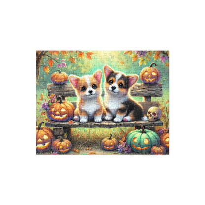 Corgi Puppy Dogs on Fall Bench Halloween Puzzle (120, 252, 500-Pieces)