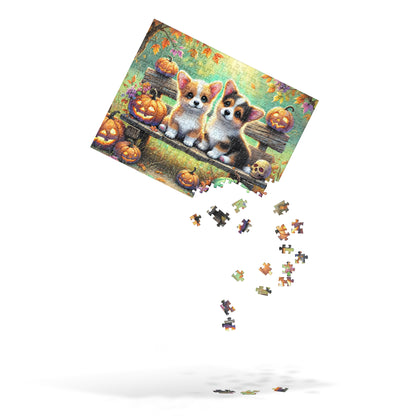 Corgi Puppy Dogs on Fall Bench Halloween Puzzle (120, 252, 500-Pieces)