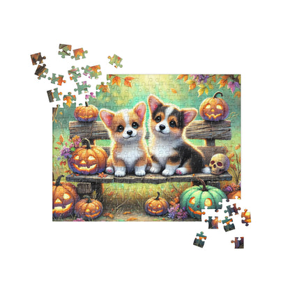 Corgi Puppy Dogs on Fall Bench Halloween Puzzle (120, 252, 500-Pieces)