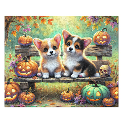 Corgi Puppy Dogs on Fall Bench Halloween Puzzle (120, 252, 500-Pieces)