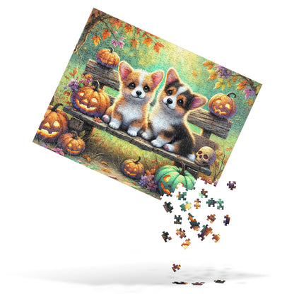 Corgi Puppy Dogs on Fall Bench Halloween Puzzle (120, 252, 500-Pieces)