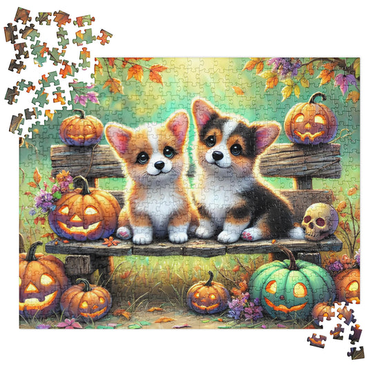 Corgi Puppy Dogs on Fall Bench Halloween Puzzle (120, 252, 500-Pieces)