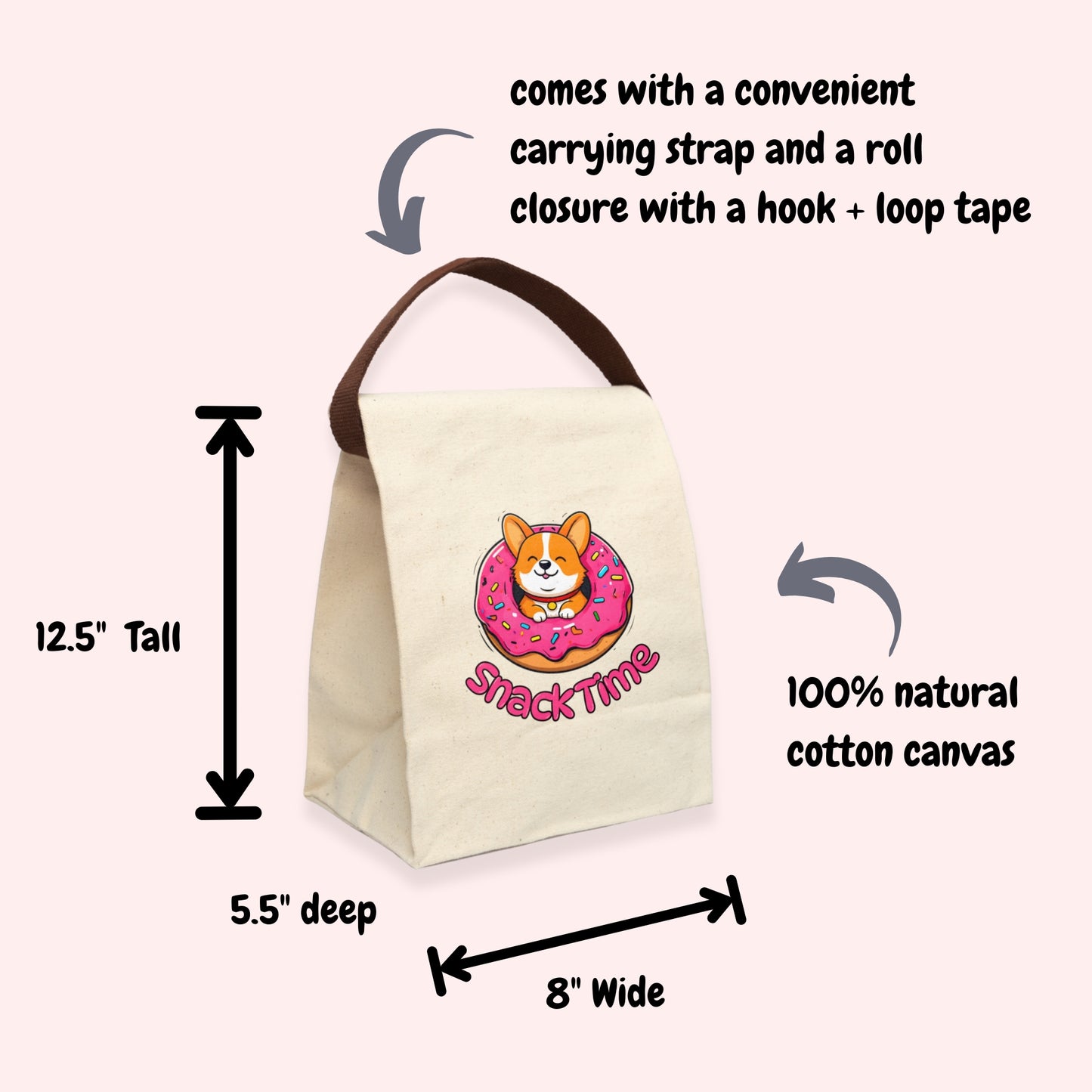 Corgi Donut Snack Time Canvas Lunch Bag
