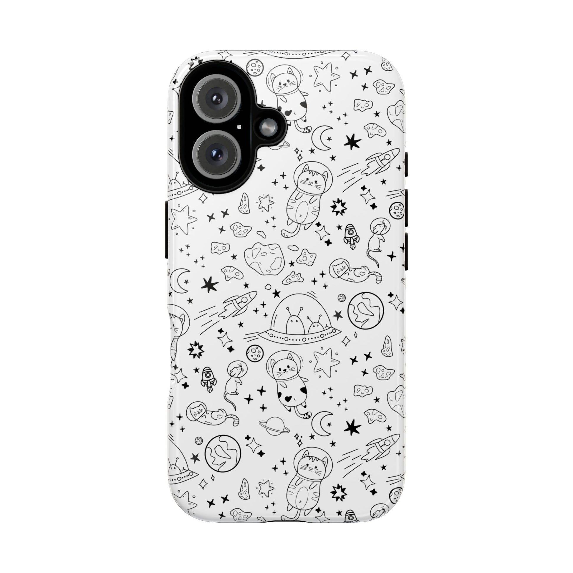 Cosmic Space Cats Doodle iPhone Tough Phone Case 16 pro